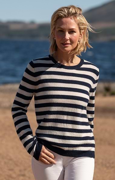 Ladies Cashmere Striped Crew-Neck Jumper