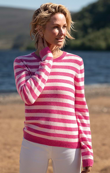 Ladies Cashmere Striped Crew-Neck Jumper