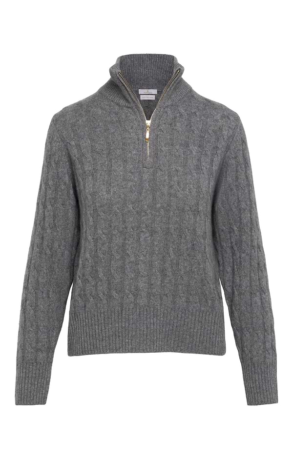 Ladies House of Bruar Cable Cashmere T-zip Jumper