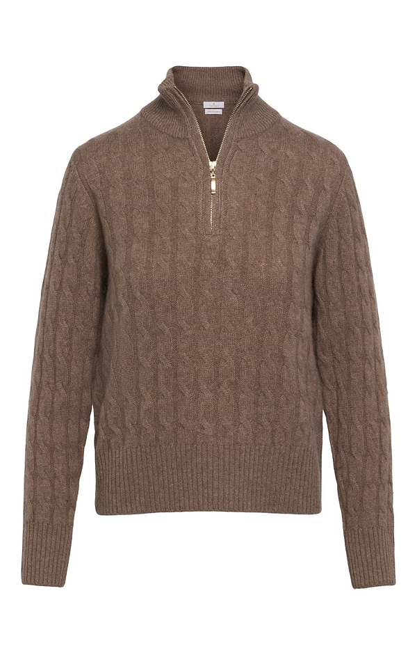 Ladies House of Bruar Cable Cashmere T-zip Jumper