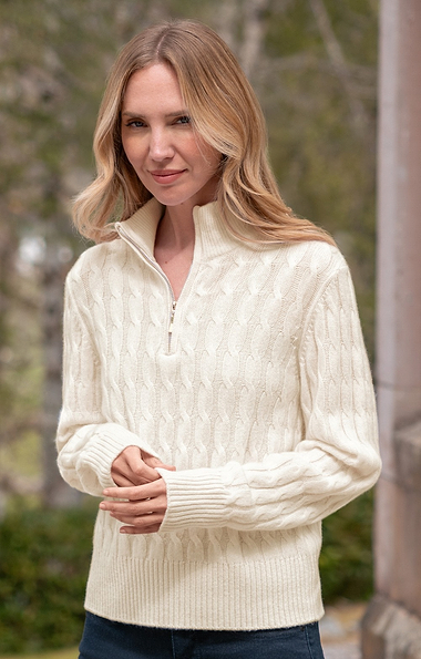 Ladies House of Bruar Cable Cashmere T-zip Jumper