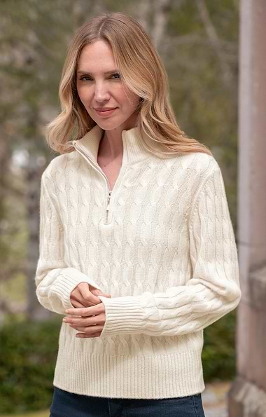Ladies House of Bruar Cable Cashmere T-zip Jumper