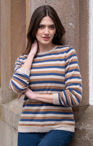 Ladies House of Bruar Cashmere Multi Stripe Crew Neck