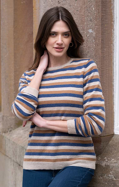 Ladies House of Bruar Cashmere Multi Stripe Crew Neck