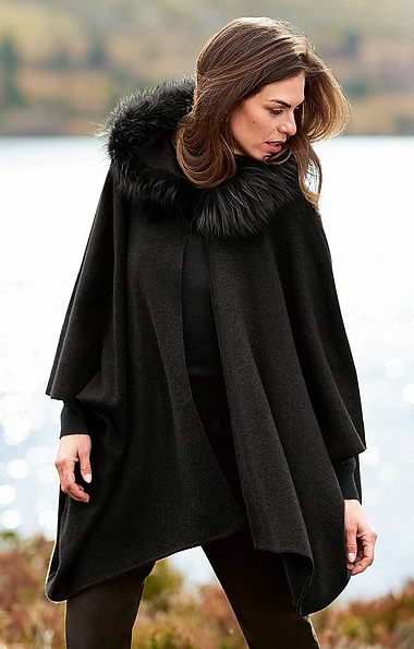 Ladies Fox Fur & Cashmere Hooded Cape