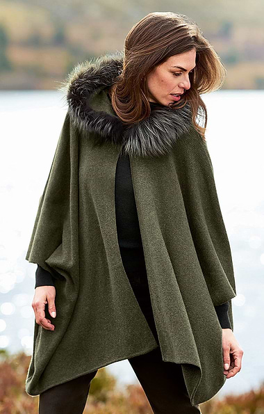Ladies Fox Fur & Cashmere Hooded Cape