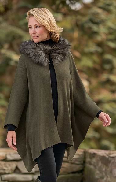 Ladies Fox Fur & Cashmere Hooded Cape