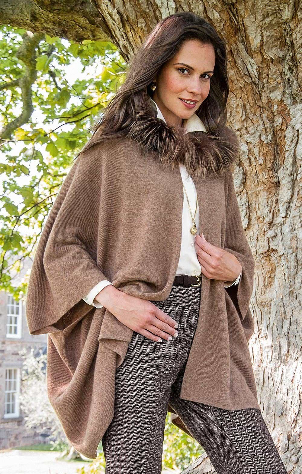 Fox Fur & Cashmere Hooded Cape, Brown - House of Bruar