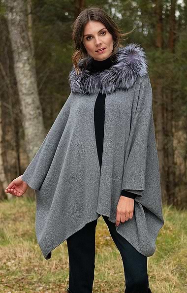 Ladies Fox Fur & Cashmere Hooded Cape