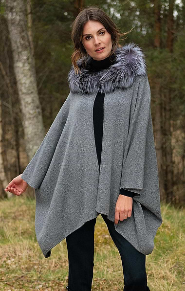 Ladies Fox Fur & Cashmere Hooded Cape