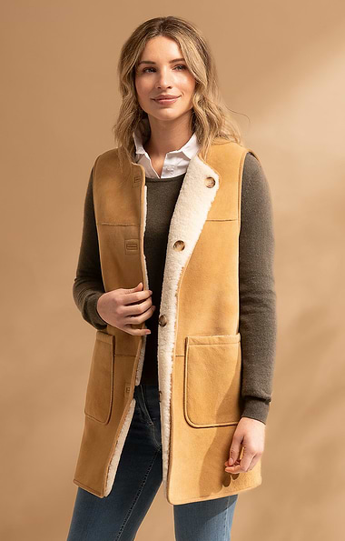 Ladies Sheepskin Long Reversible Gilet
