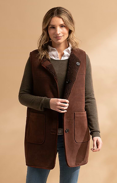 Ladies Sheepskin Long Reversible Gilet
