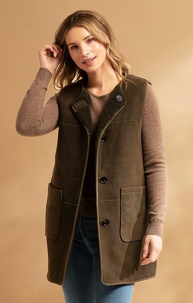 Ladies Sheepskin Long Reversible Gilet