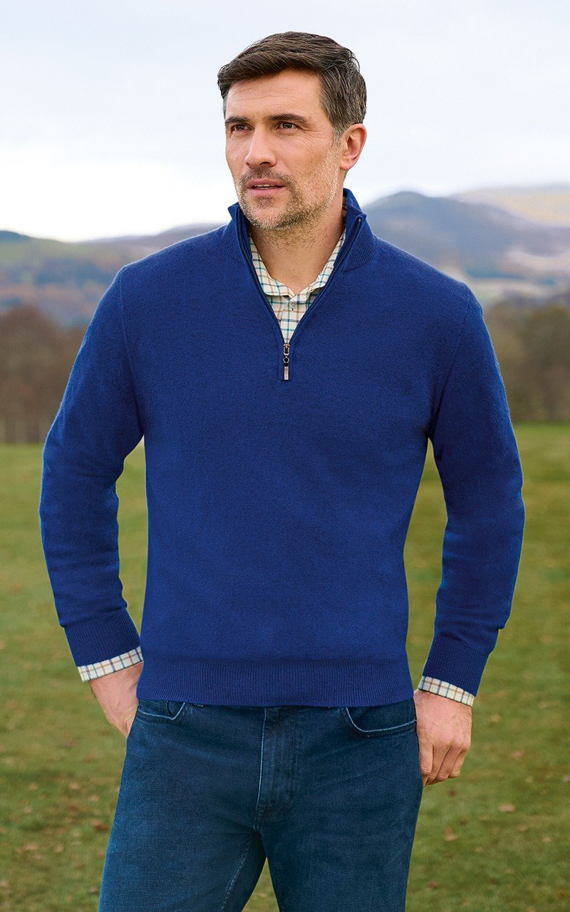 Mens Cashmere T-Zip, Blue - House of Bruar