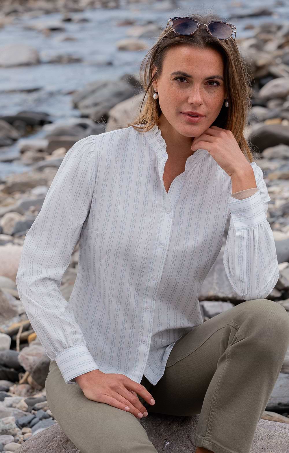 Ladies Cotton Stretch Stand Collar Frill Blouse, White - House of