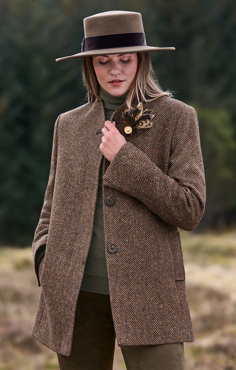 Ladies Donegal Tweed Covered Placket Coat, Brown - House of Bruar