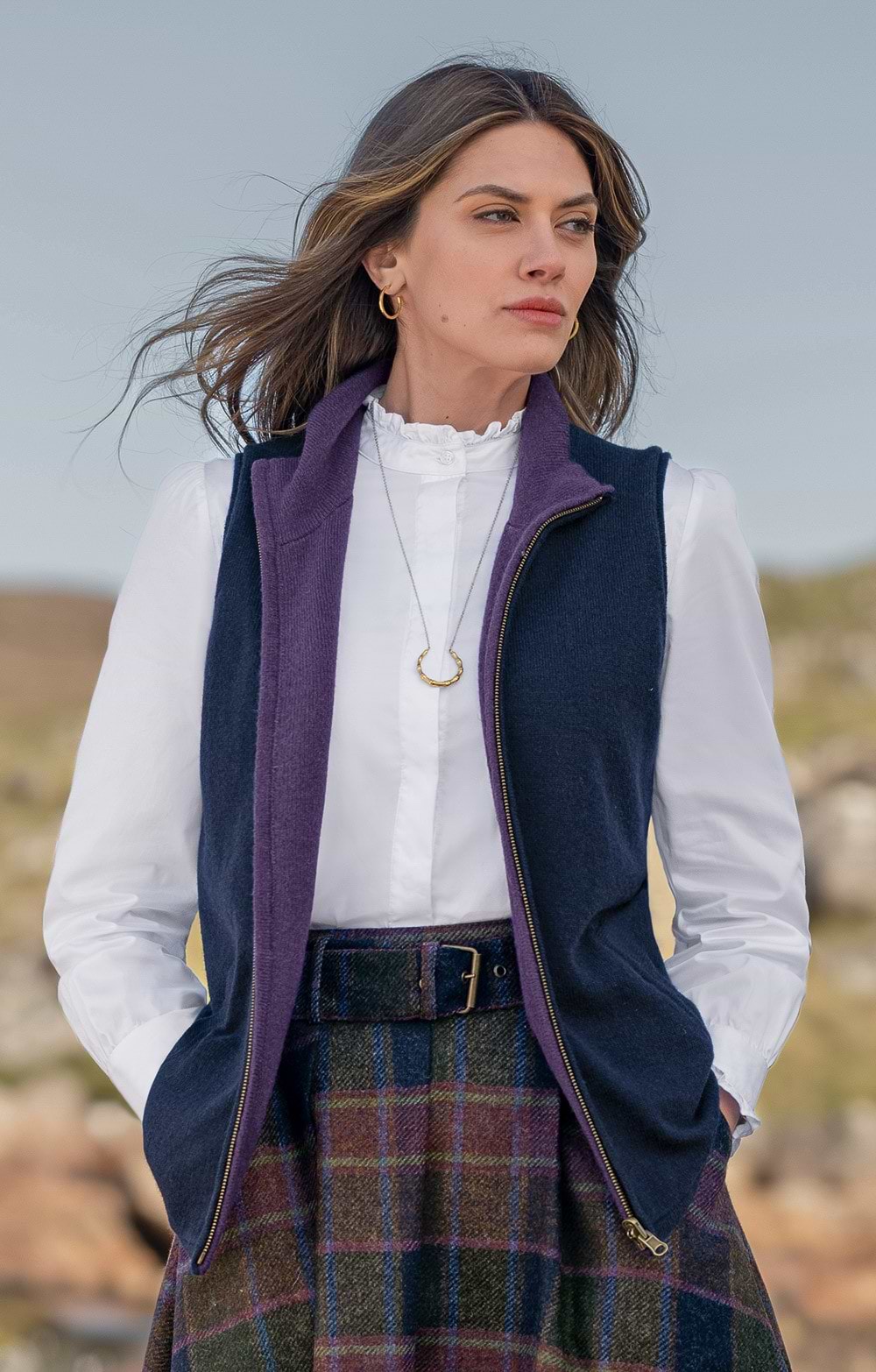 pois Tweed vest 【blue】【完売品】 Ladies Tweed Scooped Pocket